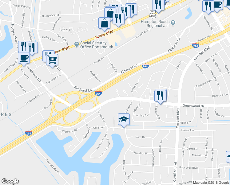 map of restaurants, bars, coffee shops, grocery stores, and more near 4658 Greenwood Drive in Portsmouth