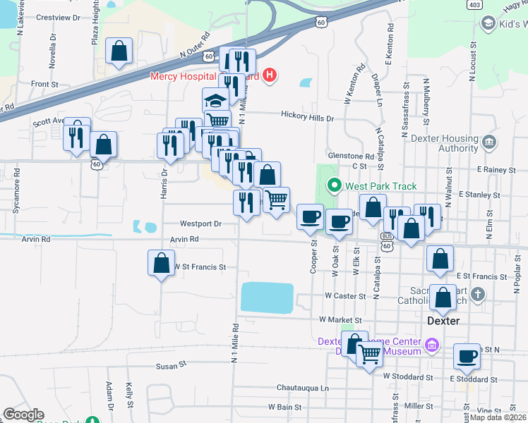 map of restaurants, bars, coffee shops, grocery stores, and more near 715 Specialty Drive in Dexter