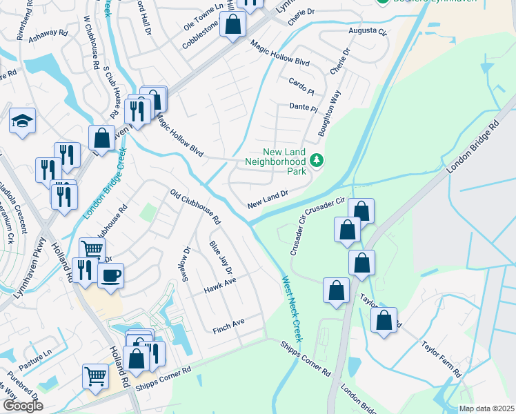 map of restaurants, bars, coffee shops, grocery stores, and more near 1245 New Land Drive in Virginia Beach