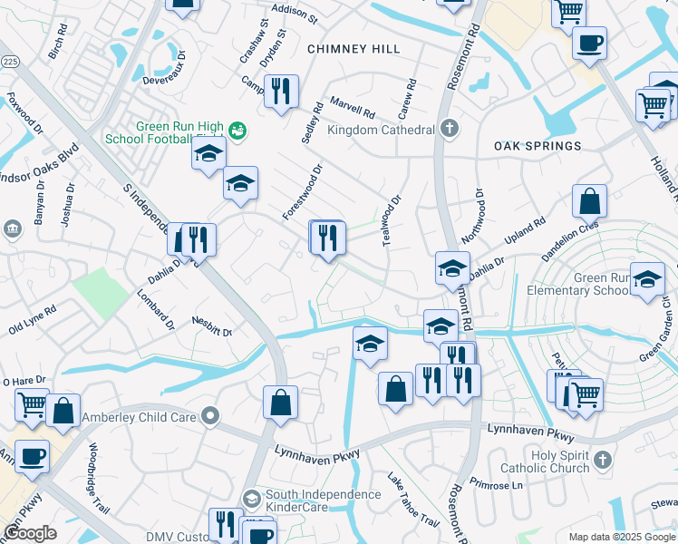 map of restaurants, bars, coffee shops, grocery stores, and more near 3566 Windmill Drive in Virginia Beach