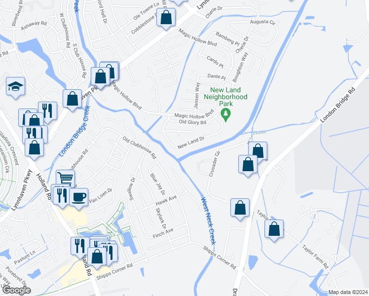 map of restaurants, bars, coffee shops, grocery stores, and more near 1245 New Land Drive in Virginia Beach