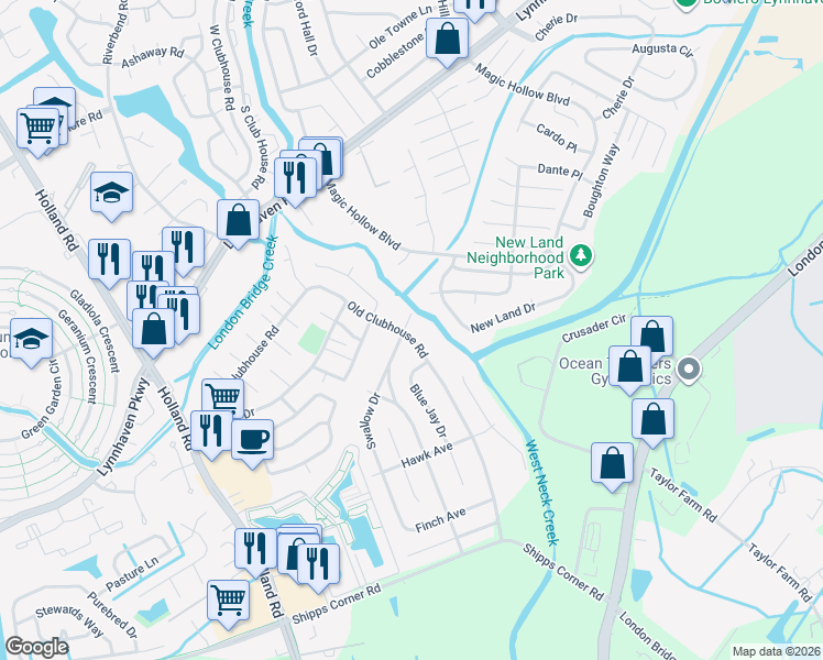 map of restaurants, bars, coffee shops, grocery stores, and more near 1204 Old Clubhouse Road in Virginia Beach