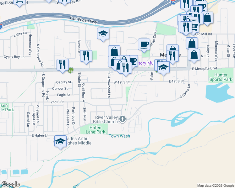 map of restaurants, bars, coffee shops, grocery stores, and more near 381 Bannock Street in Mesquite
