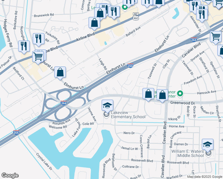 map of restaurants, bars, coffee shops, grocery stores, and more near 4552 Greenwood Drive in Portsmouth