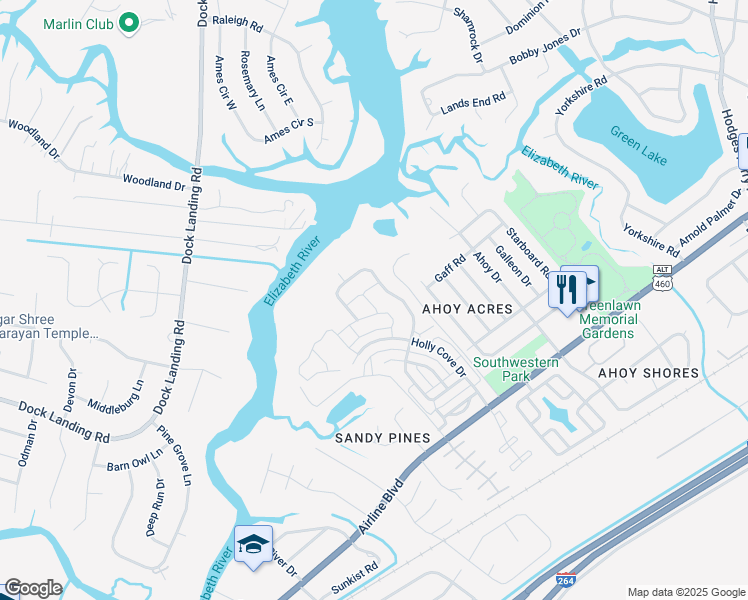 map of restaurants, bars, coffee shops, grocery stores, and more near 4305 Center Mast Crest in Chesapeake