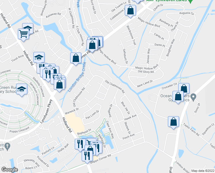 map of restaurants, bars, coffee shops, grocery stores, and more near 848 Old Clubhouse Road in Virginia Beach