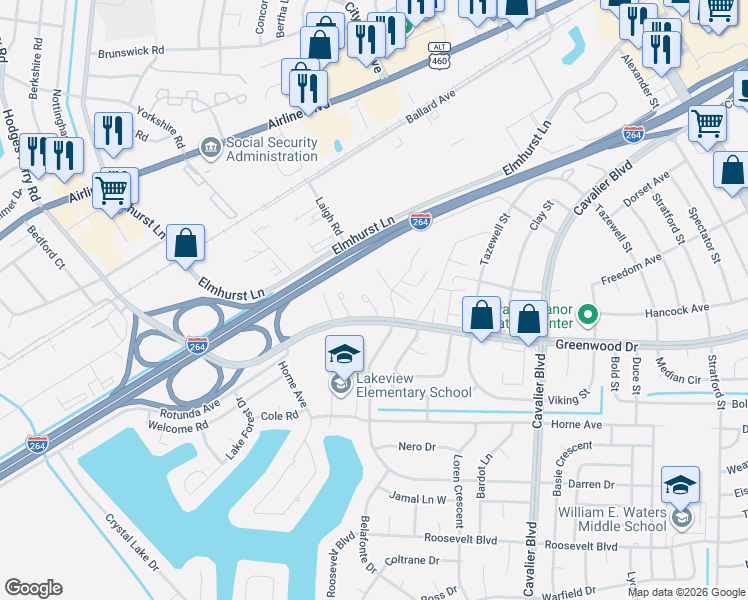 map of restaurants, bars, coffee shops, grocery stores, and more near 4562 Greenwood Drive in Portsmouth