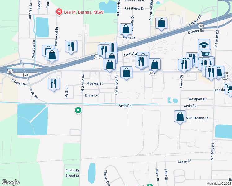 map of restaurants, bars, coffee shops, grocery stores, and more near Sycamore Road in Dexter