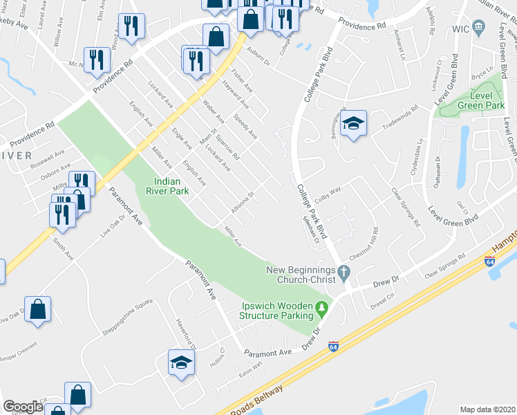 map of restaurants, bars, coffee shops, grocery stores, and more near 2217 Lockard Avenue in Chesapeake