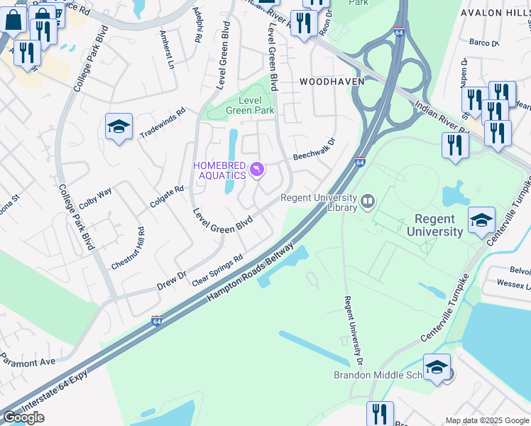 map of restaurants, bars, coffee shops, grocery stores, and more near 5871 Clear Springs Road in Virginia Beach