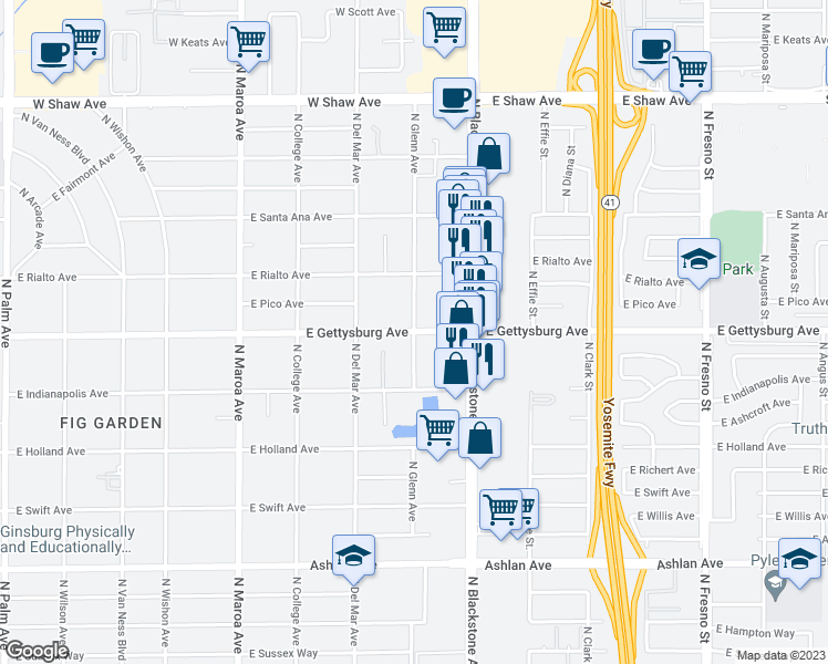 map of restaurants, bars, coffee shops, grocery stores, and more near East Gettysburg Avenue & North Glenn Avenue in Fresno