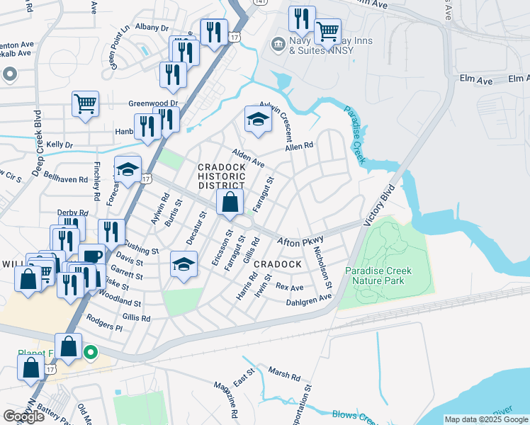 map of restaurants, bars, coffee shops, grocery stores, and more near 81 Afton Parkway in Portsmouth