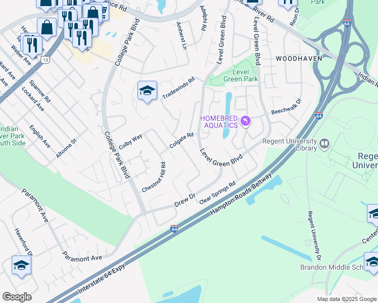 map of restaurants, bars, coffee shops, grocery stores, and more near 6054 Clear Springs Road in Virginia Beach