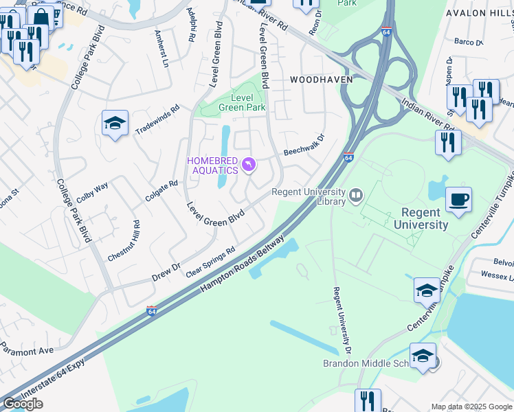 map of restaurants, bars, coffee shops, grocery stores, and more near 5871 Clear Springs Road in Virginia Beach