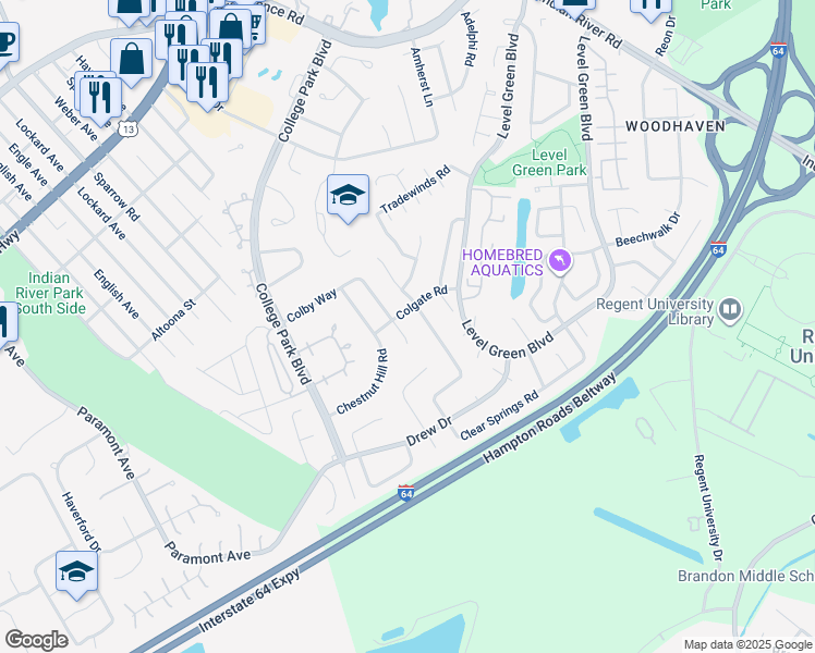 map of restaurants, bars, coffee shops, grocery stores, and more near 6384 Colby Way in Virginia Beach