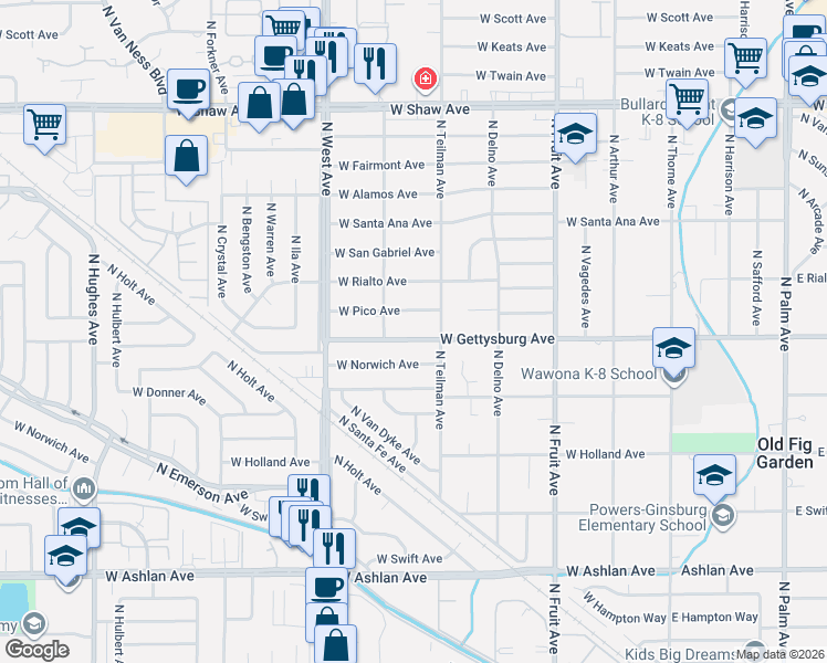 map of restaurants, bars, coffee shops, grocery stores, and more near 933 West Gettysburg Avenue in Fresno