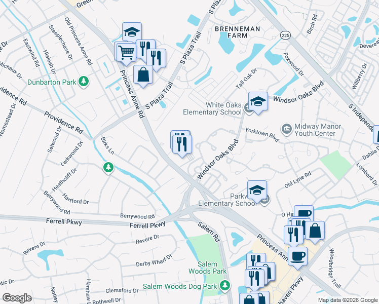 map of restaurants, bars, coffee shops, grocery stores, and more near 4402 Princess Anne Road in Virginia Beach