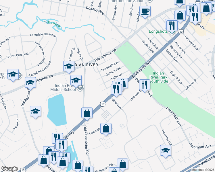 map of restaurants, bars, coffee shops, grocery stores, and more near 660 Cardover Avenue in Chesapeake