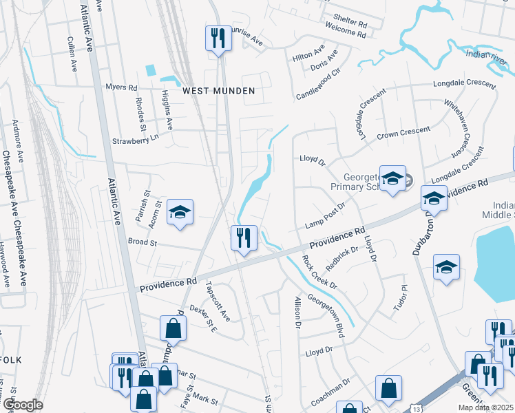 map of restaurants, bars, coffee shops, grocery stores, and more near 324 Daffodil Lane in Chesapeake