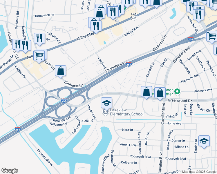 map of restaurants, bars, coffee shops, grocery stores, and more near 4562 Greenwood Drive in Portsmouth