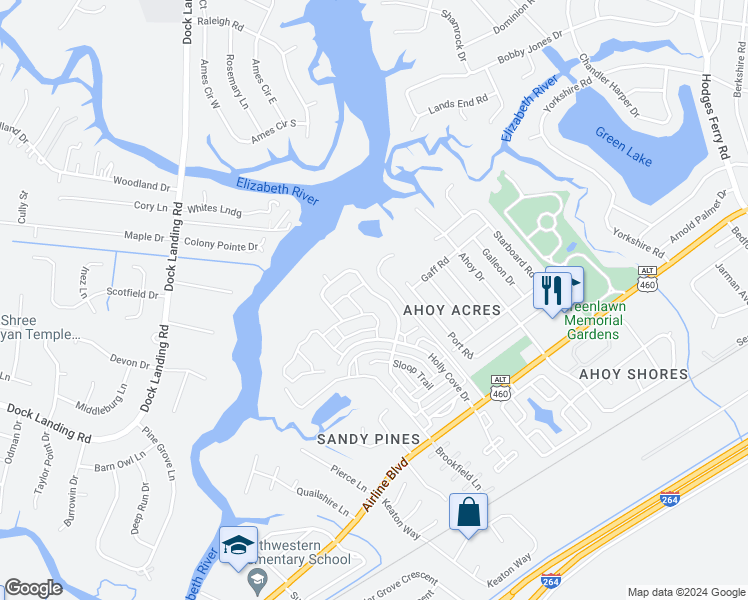 map of restaurants, bars, coffee shops, grocery stores, and more near 4301 Center Mast Crest in Chesapeake