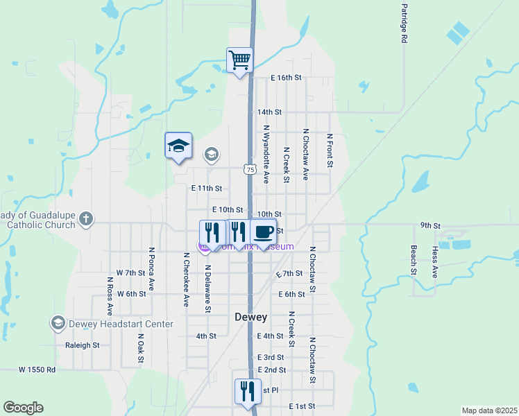 map of restaurants, bars, coffee shops, grocery stores, and more near 920 North Osage Avenue in Dewey