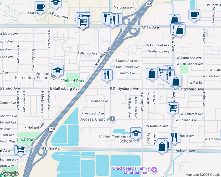 map of restaurants, bars, coffee shops, grocery stores, and more near North Chestnut Avenue & East Gettysburg Avenue in Fresno