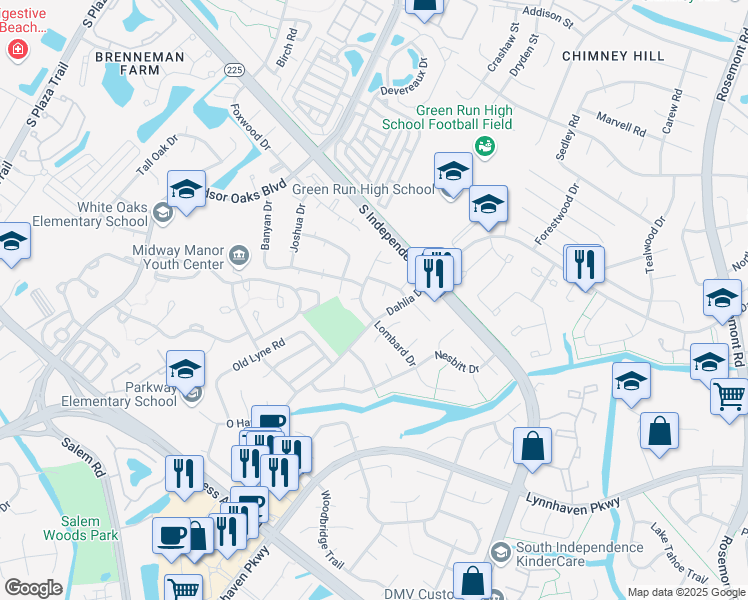 map of restaurants, bars, coffee shops, grocery stores, and more near 913 Houston Circle in Virginia Beach