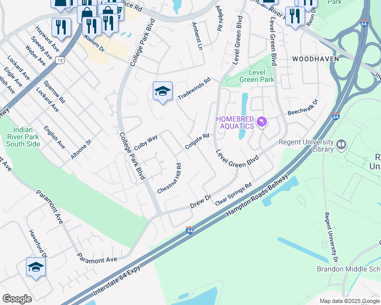 map of restaurants, bars, coffee shops, grocery stores, and more near 6384 Colby Way in Virginia Beach