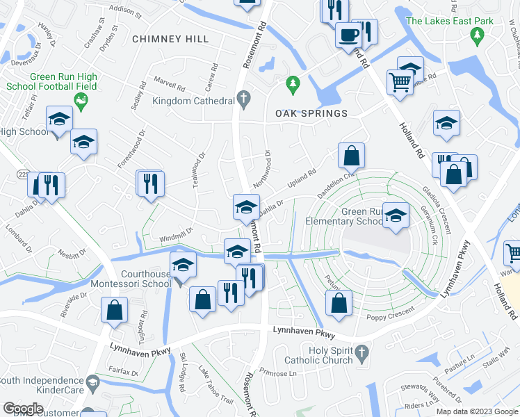 map of restaurants, bars, coffee shops, grocery stores, and more near 3809 Upland Road in Virginia Beach