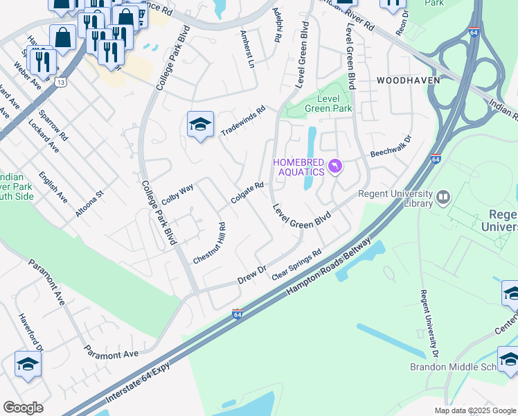 map of restaurants, bars, coffee shops, grocery stores, and more near 6054 Clear Springs Road in Virginia Beach