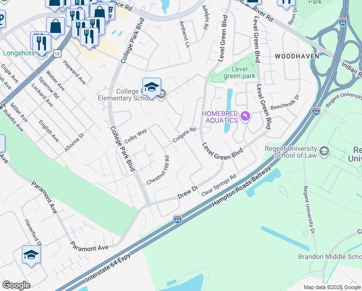 map of restaurants, bars, coffee shops, grocery stores, and more near 6055 Clear Springs Road in Virginia Beach