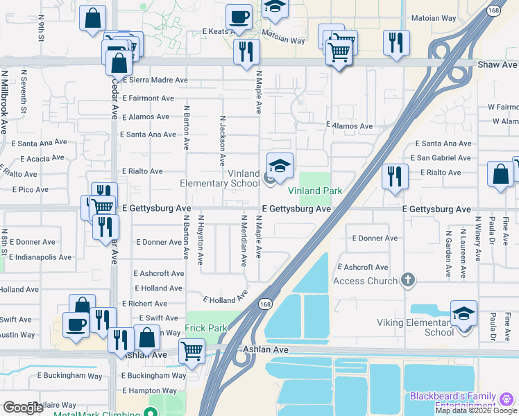 map of restaurants, bars, coffee shops, grocery stores, and more near North Maple Avenue & East Gettysburg Avenue in Fresno