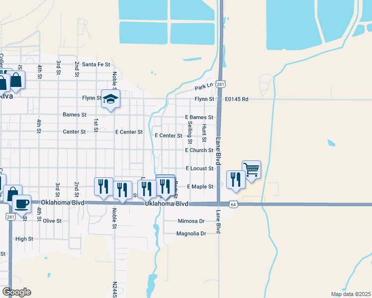 map of restaurants, bars, coffee shops, grocery stores, and more near 702 Seiling Street in Alva