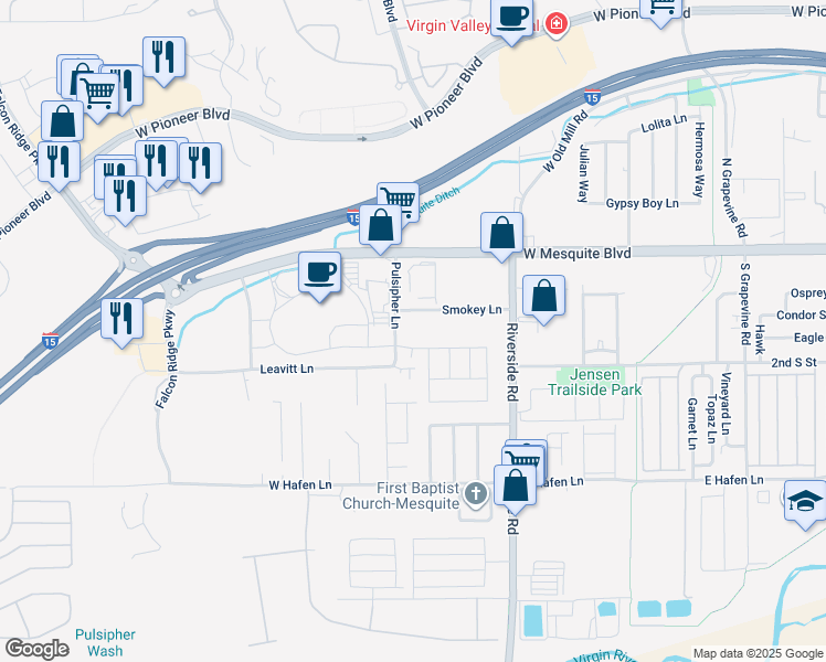 map of restaurants, bars, coffee shops, grocery stores, and more near 100 Pulsipher Lane in Mesquite