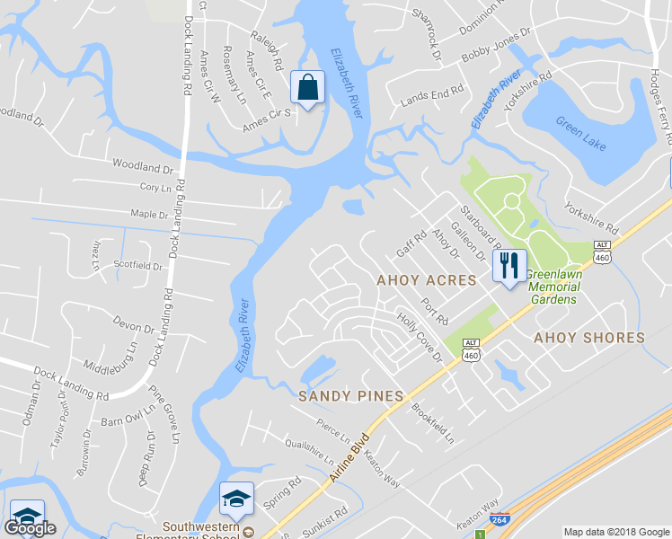 map of restaurants, bars, coffee shops, grocery stores, and more near 4312 Center Mast Crest in Chesapeake