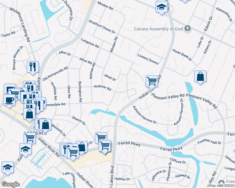 map of restaurants, bars, coffee shops, grocery stores, and more near 5120 Andover Court in Virginia Beach
