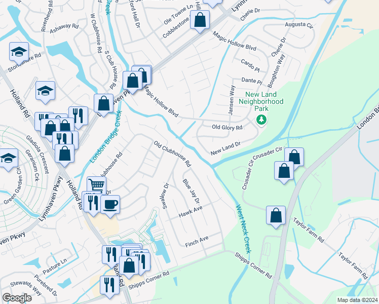 map of restaurants, bars, coffee shops, grocery stores, and more near 1204 Old Clubhouse Road in Virginia Beach