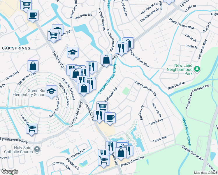 map of restaurants, bars, coffee shops, grocery stores, and more near 3244 Peele Court in Virginia Beach