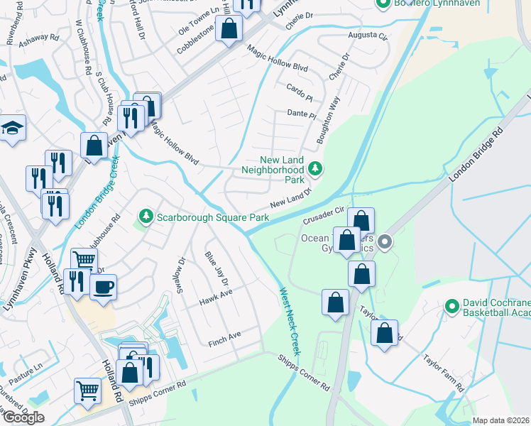 map of restaurants, bars, coffee shops, grocery stores, and more near 1245 New Land Drive in Virginia Beach