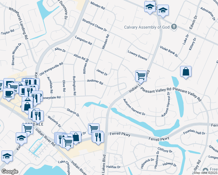 map of restaurants, bars, coffee shops, grocery stores, and more near 5120 Andover Court in Virginia Beach