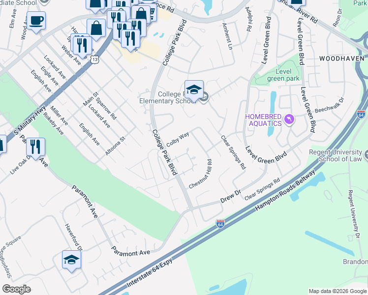 map of restaurants, bars, coffee shops, grocery stores, and more near 1235 Glyndon Drive in Virginia Beach