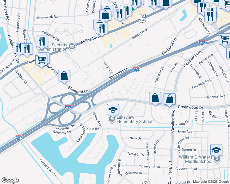 map of restaurants, bars, coffee shops, grocery stores, and more near 4562 Greenwood Drive in Portsmouth