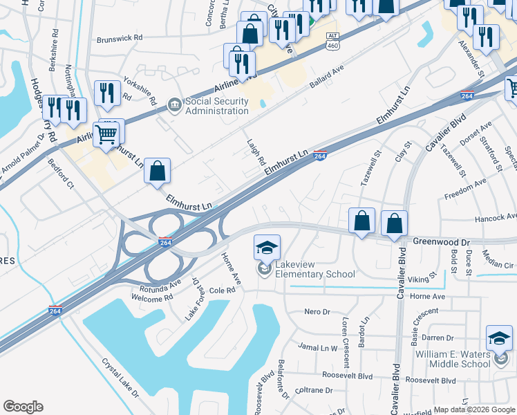 map of restaurants, bars, coffee shops, grocery stores, and more near 4662 Greenwood Drive in Portsmouth