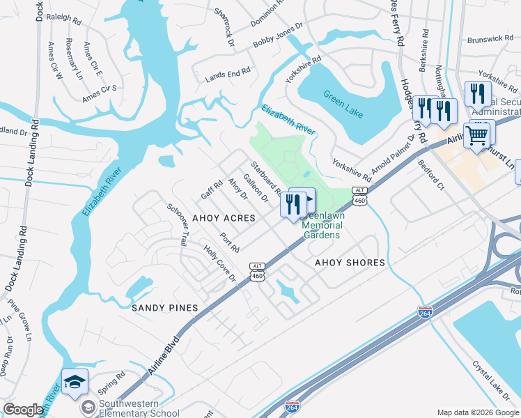 map of restaurants, bars, coffee shops, grocery stores, and more near 3901 Ahoy Drive in Chesapeake