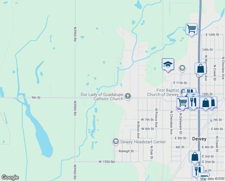 map of restaurants, bars, coffee shops, grocery stores, and more near 906 North Sequoyah Avenue in Dewey