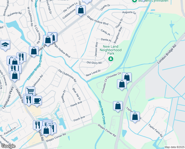 map of restaurants, bars, coffee shops, grocery stores, and more near 1253 New Land Drive in Virginia Beach