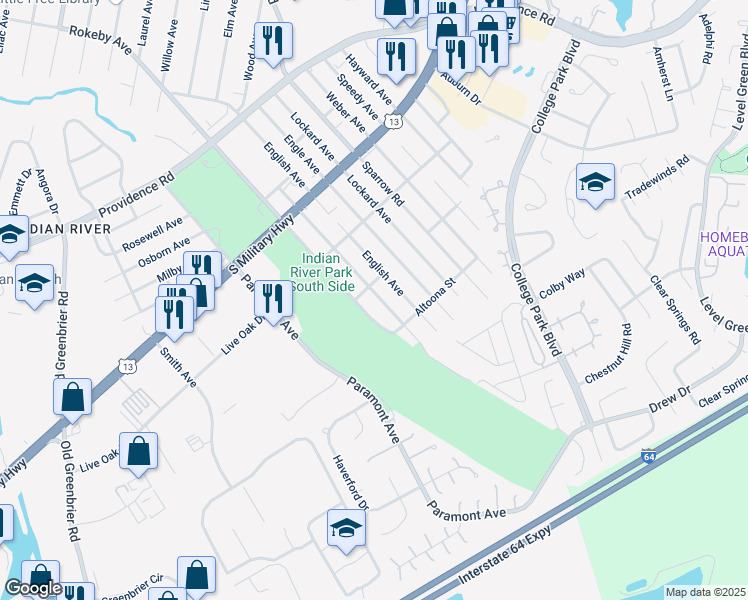 map of restaurants, bars, coffee shops, grocery stores, and more near 2113 Miller Avenue in Chesapeake