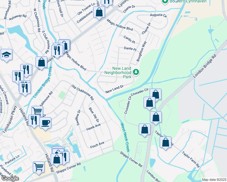 map of restaurants, bars, coffee shops, grocery stores, and more near 1253 New Land Drive in Virginia Beach