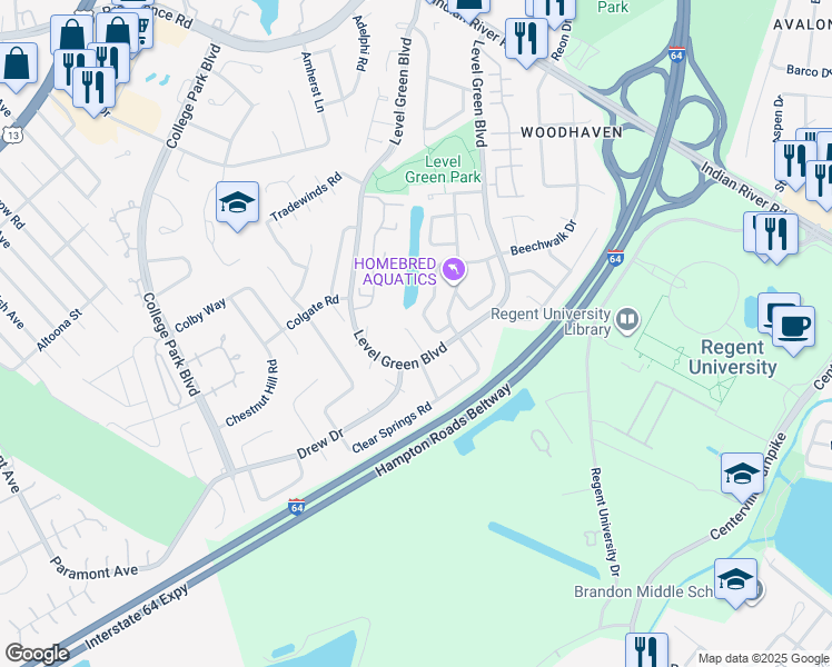 map of restaurants, bars, coffee shops, grocery stores, and more near 5986 Beechwalk Drive in Virginia Beach